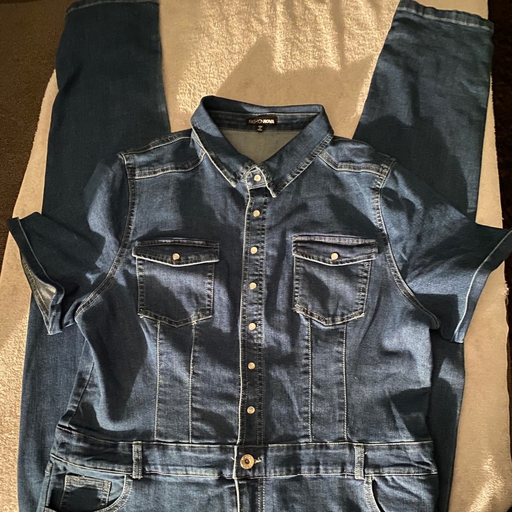 Short sleeved denim jumpsuit